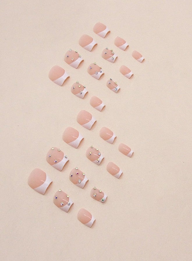ASONRL 24 PCS Press on Nails French Tip with Rhinesstones, Short Square Gel Nail Fake Nails, Glue On Nails Kit, Reusable False Nails with Mini Nail File for Women - White Square Rhinestones - Image 3